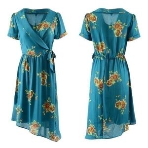 NWT SuperFoxx green floral asymmetric hem faux wrap dress MM26